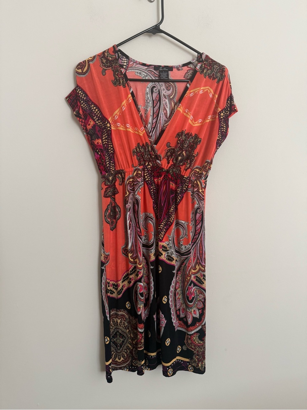 5th & Love Boho Paisley Faux Wrap Midi Dress Coral Pink Black Women’s Large - Picture 4 of 8